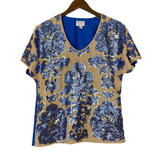 Tracy Reese Neiman Marcus + Target | Tan with Blue Sequins Relaxed Fit Blouse - Picture 2 of 14